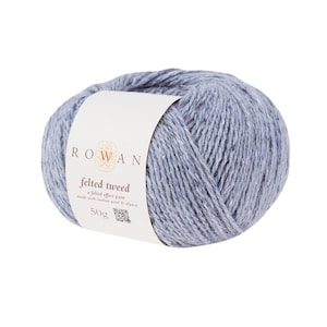 May include: A ball of Rowan Felted Tweed yarn in a light blue colour with a white label that says "Rowan Felted Tweed a felted effect yarn made with merino wool & alpaca 50g".