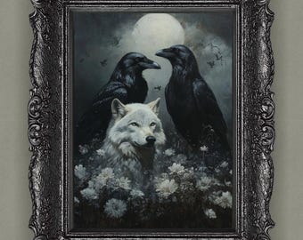 The Night Council | Gothic Animal Wall Art | Wolf Raven Moon Print | Dark Nature Aesthetic | Gothic Home Decor | Mystical Animal Art