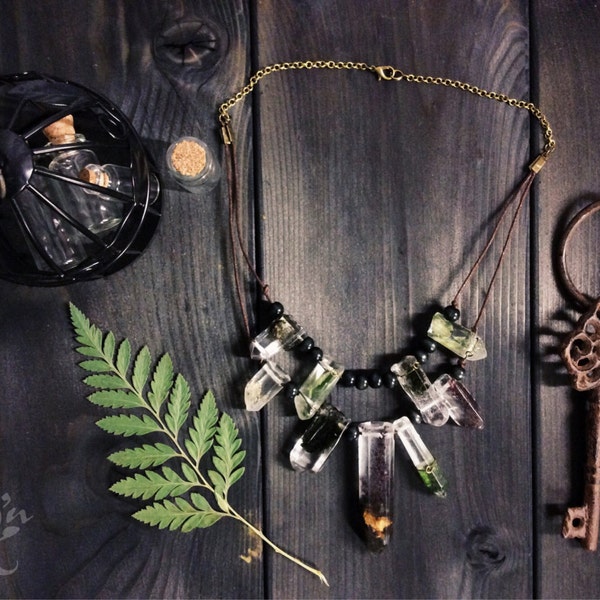 Shaman Forest necklace with crystals resin, real moss, real wild flowers,asymmetric necklace,gothic necklace