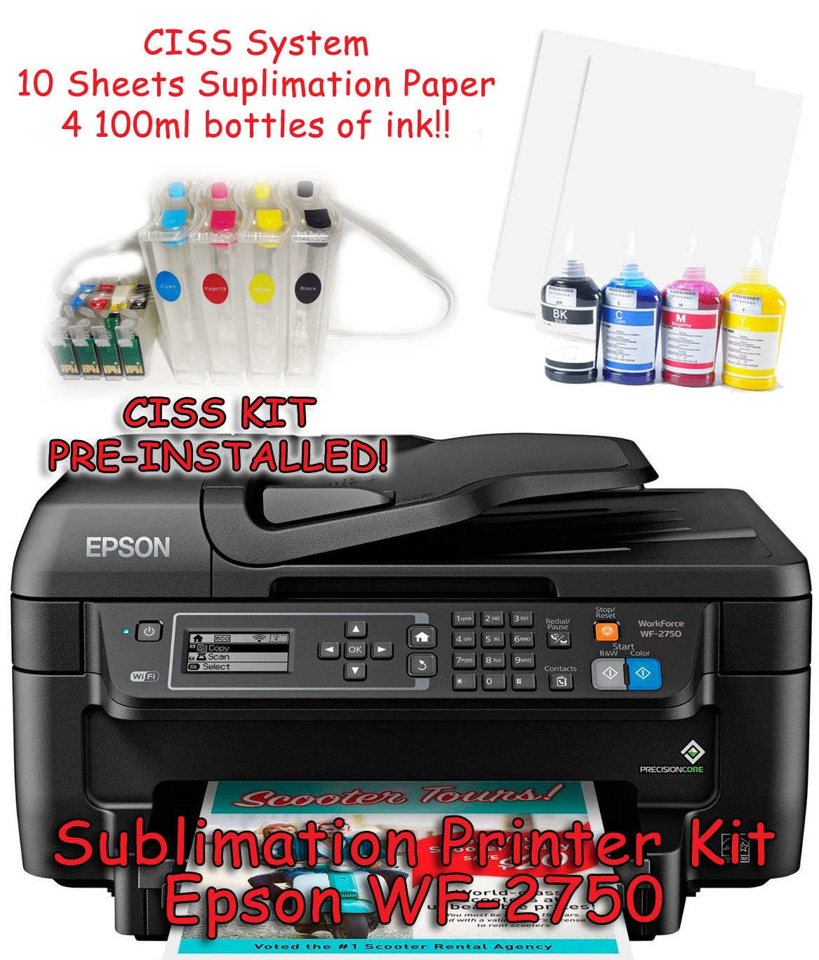 Deluxe CISS Sublimation Kit Fits Epson WF-2750 Includes Ciss Ink Paper Blanks 