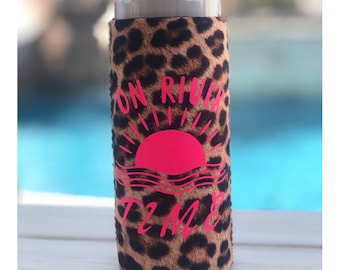 On River Time Slim Can Cooler- River Can Coolie- Leopard Can Coolers- Boating Drink Sleeve- River Can Coolier- Custom River House Barware