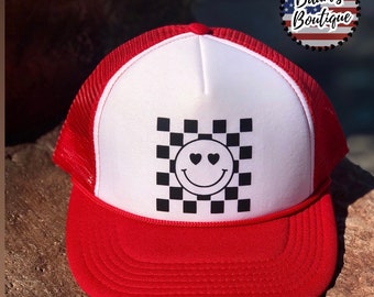 Happy Face Race Trucker Hat, checkered Happy Face Baseball Hat, Red & White Baseball Cap, Retro Smiley Face Hat, Checkered Smiley Face Hat