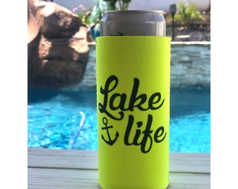 Lake Life Slim Can Cooler- Lake Can Coolie- Neon Can Coolers- Boating Drink Sleeve- River Can Coolier- Custom Can Cooler Lake House