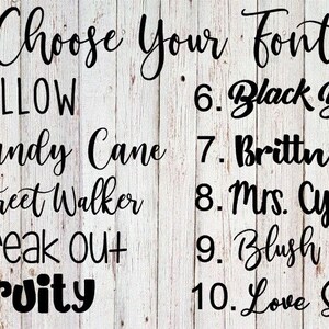 May include: A list of 10 different fonts, numbered 1 through 10, with the text "Choose Your Font" at the top. The fonts are: Yellow, Candy Cane, Street Walker, Freak out, Fruity, Black Dome, Brittney, Mrs. Cyndy, Blush, and Love Script.