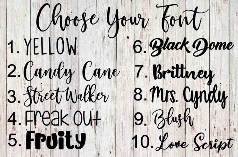 May include: A list of 10 different fonts, numbered 1 through 10, with the text "Choose Your Font" at the top. The fonts are: Yellow, Candy Cane, Street Walker, Freak out, Fruity, Black Dome, Brittney, Mrs. Cyndy, Blush, and Love Script.