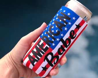 American Babe Custom Slim Can Holder- American Flag Slim Can Cooler- Slim Can Holder- Patriotic Can Cooler
