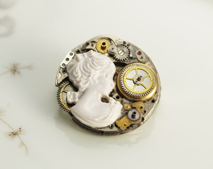 Steampunk Brooch With Gears & Cameo Vintage Style Unique Etsy