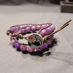 Handmade Purple Marble Beaded 2 Wrap Bracelet on Gray Leather