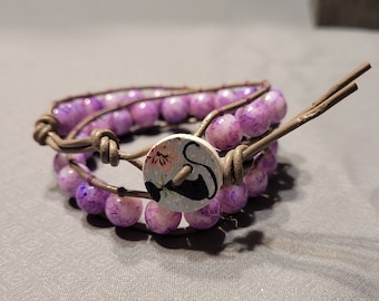 Handmade Purple Marble Beaded 2 Wrap Bracelet on Gray Leather