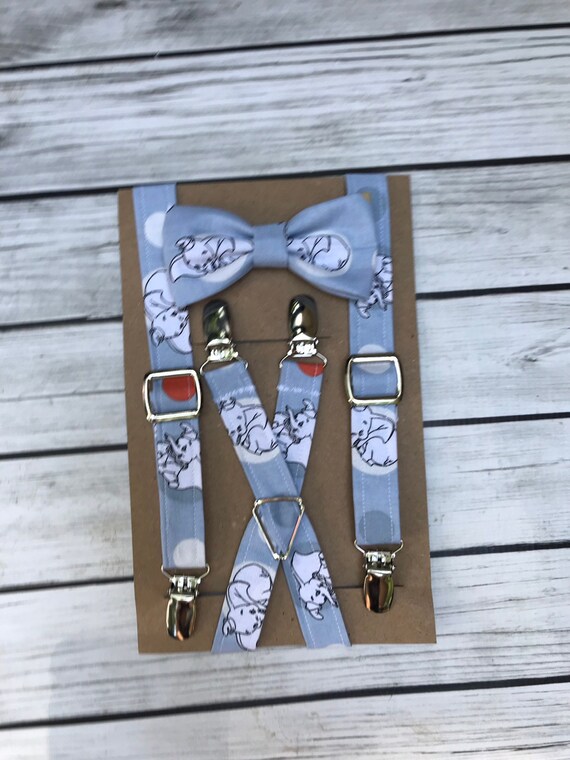Qujki Blue Ctue Elephant Suspenders Bowtie Set-Adjustable Length