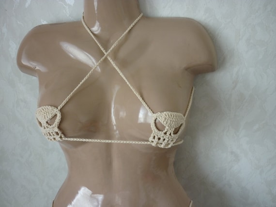 Crochet Skull Bikini Set, Erotic Lingerie, Cotton Open Bra
