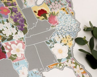 Scratch Your Travels State Flowers USA Map | Scratch Off Map | Travel United States Map Gift |  Present Birthday