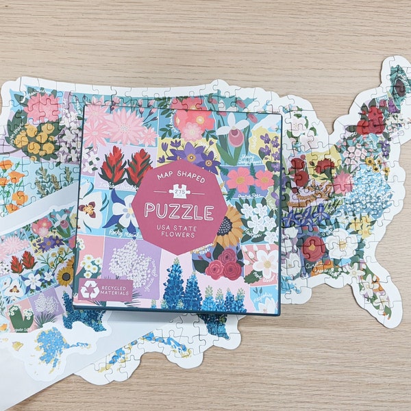 275 pc Map Shaped US State Flowers Jigsaw Puzzle | Unique pieces RV Camper Travel Patriotic Theme