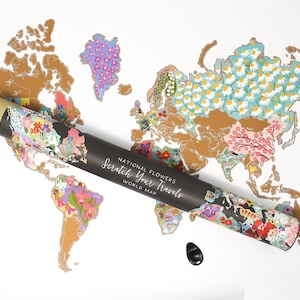 National Flowers World Scratch Ihre Reisekarte - Botanische Blumen Wichteln Geburtstagsgeschenk 30x20 Gold Bunt Handgezeichnet