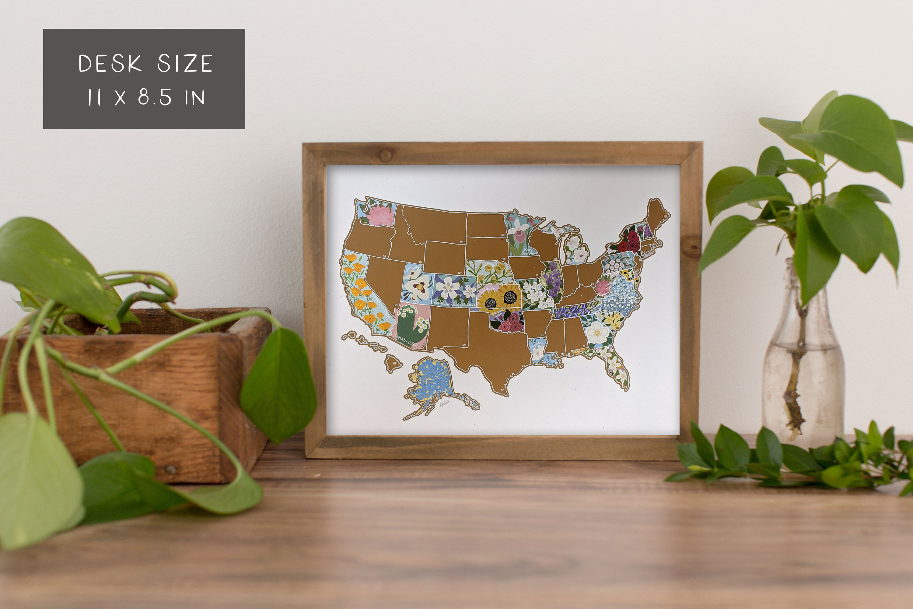 Desk Size Scratch Your Travels State Flowers USA Map | Small Scratch Off Map | Travel United States Map Gift |  Present Birthday