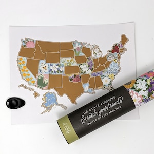 May include: A gold scratch-off map of the United States with each state featuring a different flower. The map is rolled up in a black tube with the text "US State Flowers Scratch your travels United States Mini Map" printed on it.