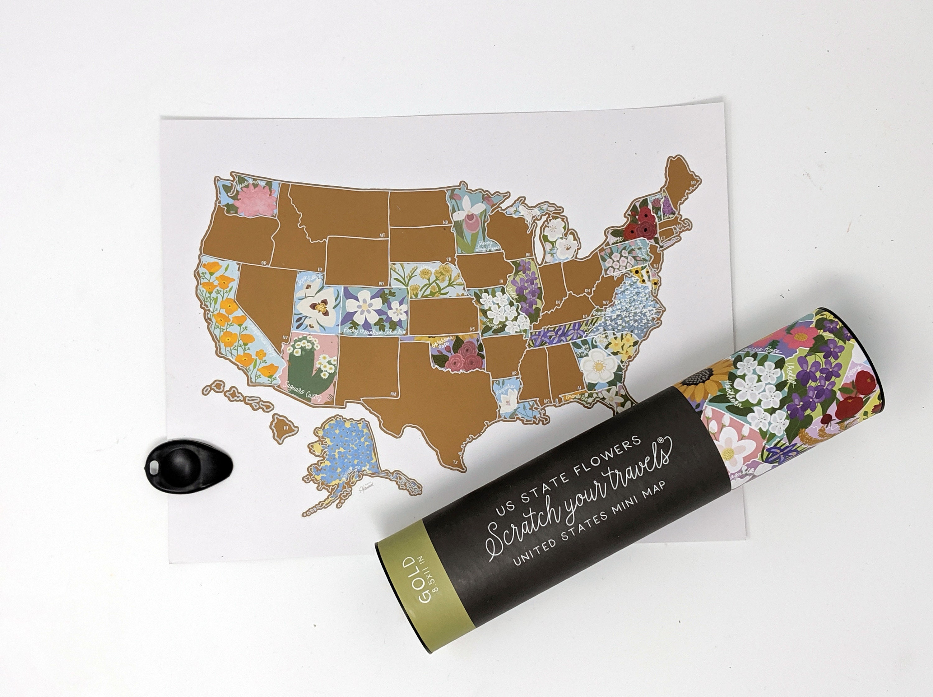 Desk Size Scratch Your Travels State Flowers USA Map | Small Scratch Off Map | Travel United States Map Gift |  Present Birthday