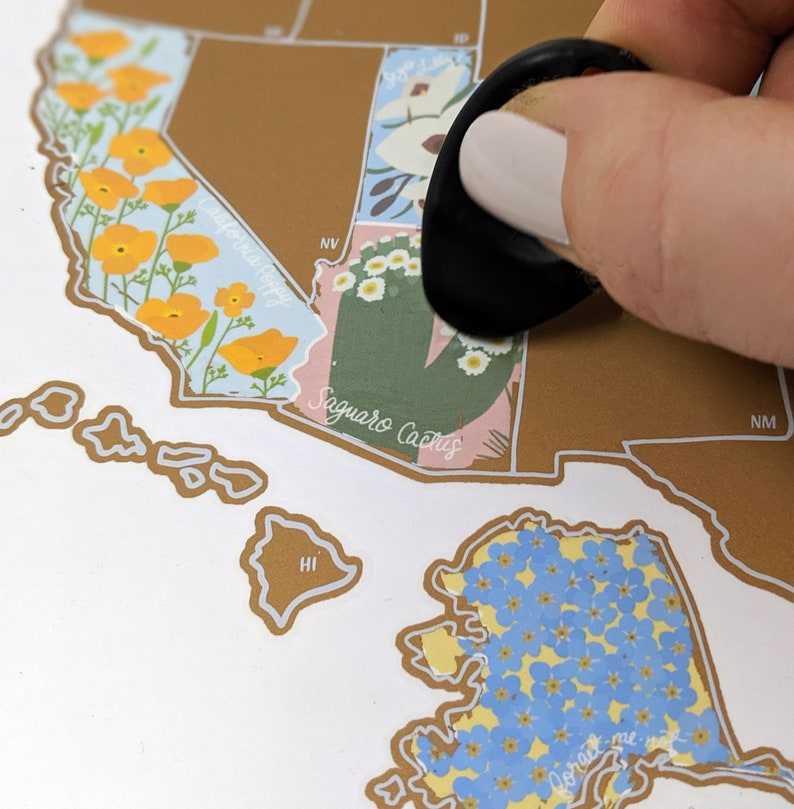 May include: A gold-colored scratch-off map of the United States with a black finger covering the state of Arizona. The state of Arizona is labeled "Saguaro Cactus".