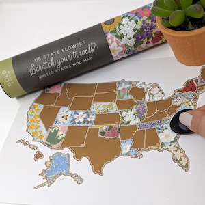 Desk Size Scratch Your Travels State Flowers USA Map | Small Scratch Off Map | Travel United States Map Gift |  Present Birthday