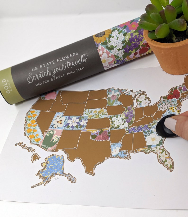 Desk Size Scratch Your Travels State Flowers USA Map | Small Scratch Off Map | Travel United States Map Gift | Present Birthday