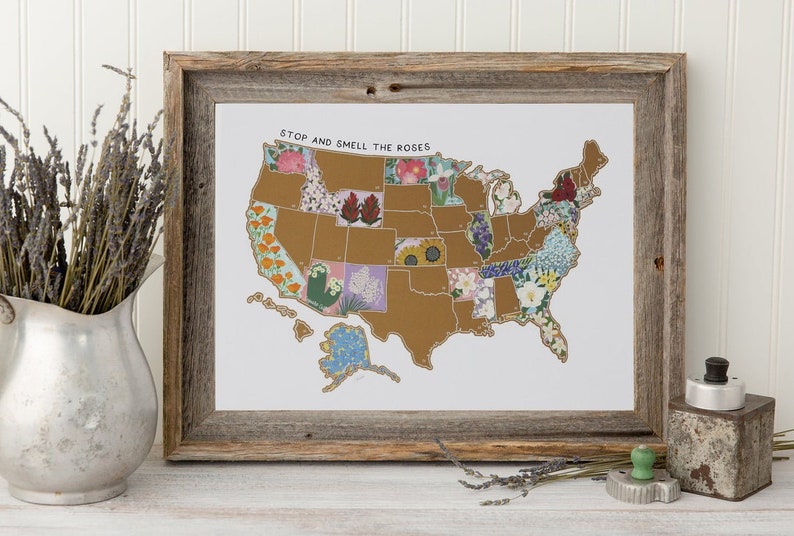 May include: A framed print of a map of the United States with each state illustrated with a different flower. The title of the map is "Stop and Smell the Roses".