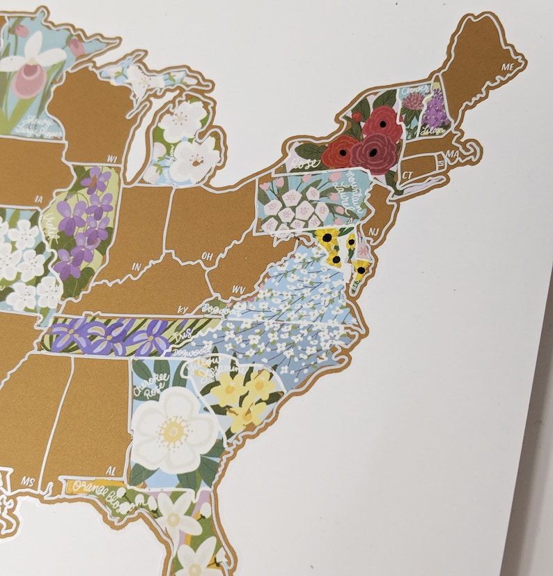 May include: A gold-toned map of the United States with each state filled with a different floral pattern. The states are outlined in white. The map is on a white background.