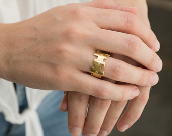 18k gold wedding ring, Gold art deco diamond band, Geometric gold diamond ring