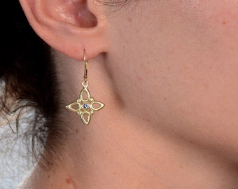 Purple tanzanite earrings, 14k gold tanzanite star earrings, 14k gold dangle earrings, Ethnic earrings