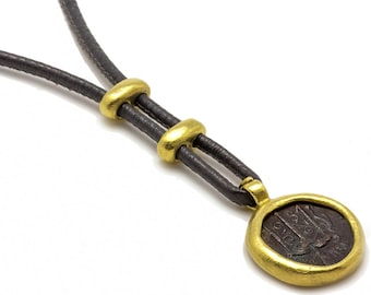 Gold Coin necklace, 18k gold pendant necklace, Gold tie necklace, Ancient roman coin pendant