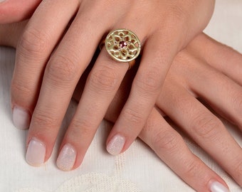 14k Gold tourmaline Ring, Gold Mandala Engagement ring, Alternative Engagement Ring