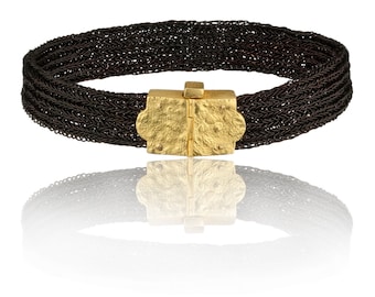 18k Gold woven bracelet, Gold crochet cuff bracelet, Wire crochet gold cuff
