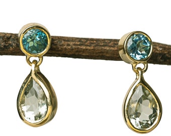 18k gold drop earrings, Blue Sapphire and  Green amethyst dangle earring, Yellow gold wedding earrings