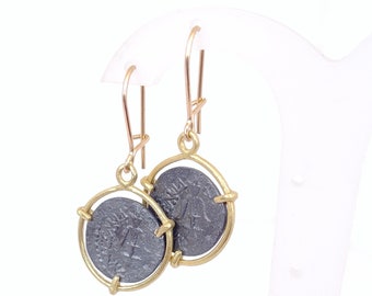 18k Gold Ancient Roman Coin Dangle Earrings, Oxidized Silver