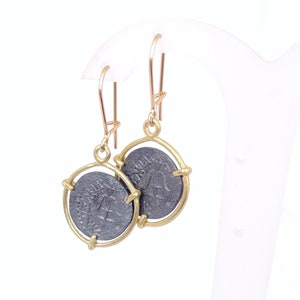 18k gold dangle earrings, Ancient roman coin earrings, Gold oxidized silver coin earrings