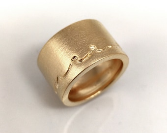 18k solid yellow Gold textured ring,  Extra wide Rough gold cigar band, Engraved statement woman ring
