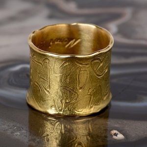 18k gold wide wedding ring for women, Cigar band, Engrave gold band