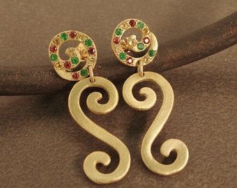 18k gold spiral Tourmaline earrings, Elegant  Dangle earrings, Yellow gold wedding studs