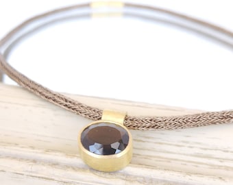18k gold smoky quartz pendant, Vintage bronze copper necklace, Gold collar crochet necklace