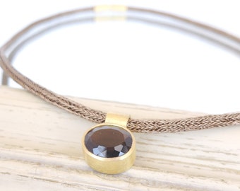 18k gold smoky quartz pendant, Charm tube pendant necklace, Gold collar crochet necklace