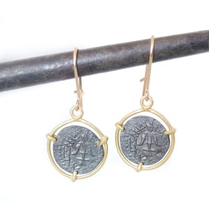 Ancient roman coin earrings, 18k gold dangle earrings, Gold oxidized silver coin earrings, Gold black drop earrings, Minimal gold earrings image 1