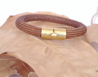18k gold bracelet, Brown Wire crochet bracelet, Chunky bracelet, Contemporary cuff, Solid Gold tube bracelet