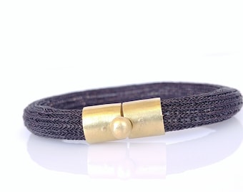 Black wire crochet bracelet, 14k gold Chunky bracelet, Gold tube bracelet