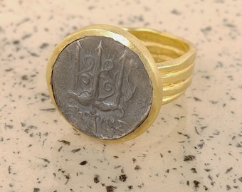 18kt Gold Ancient Roman Coin Ring, Wide gold Band