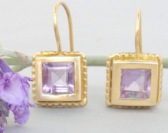 18k gold Amethyst  dangle earrings, Drop earrings, Square bezel earrings, Purple earrings, February birthstone,