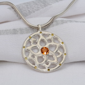 Sterling silver Mandala Pendant Necklace, Yellow Sapphire and diamonds Pendant, Silver cluster Mandala Necklace image 1