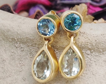 18k gold drop earrings, Blue Sapphire and  Green amethyst dangle earrings, Yellow gold wedding earrings