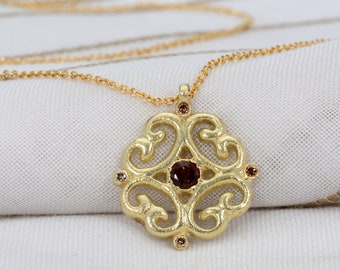 14k gold pink tourmaline pendant, 14k Gold ethnic pendant necklace, Oriental necklace