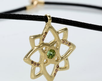 Green tourmaline gold pendant, 14k gold diamonds Pendant necklace, Large cluster pendant, Oriental Inspired necklace