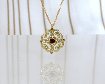 Pink Tourmaline Diamonds gold pendant, 14k Gold cluster pendant necklace, Oriental inspired Necklace