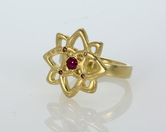 Solid gold ethnic ring, 14k Gold ruby and diamonds Ring, Alternative Engagement ring